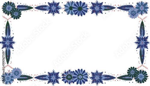 Blue floral vector frame with intricate needlework design and empty white space for text or image