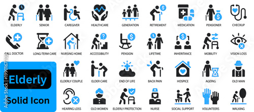 Elderly solid icon set. Elderly icon set contains senior, retirement, care, aging, health, pensioner, support. editable vector illustration collection set.