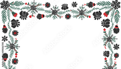 Vintage floral vector frame with pinecones snowflakes and red berries on white background for decoration and design