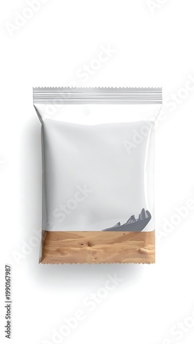 A white resealable pouch with a wooden texture at the bottom