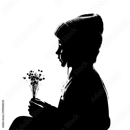 Elegant silhouette holding delicate dried flowers against a plain background