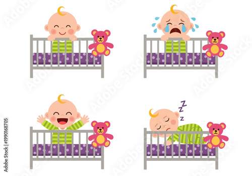 Cute Baby Character Emotions and Routine Set in Crib - Sleeping, Crying, Laughing, and Smiling Vector Illustration