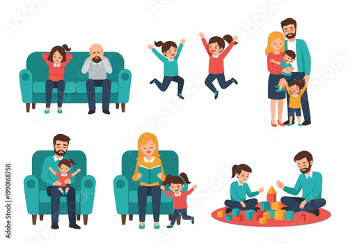 Family Life and Parenting Illustration Set: Stressed Parents, Happy Children, and Daily Household Bonding Activities Vector