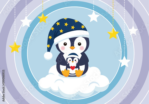 Cute Parent and Baby Penguin Illustration on Cloud with Hanging Stars and Red Heart; Sweet Dreams Bedtime Concept for Kids Nursery and Baby Shower Decor