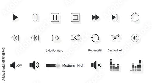 Music Player Interface Icons: Play, Pause, Stop, Skip, Repeat, Shuffle, Volume Control, Equalizer