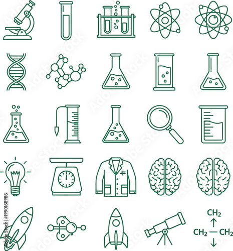 Green Science Icon Line Drawing Set.