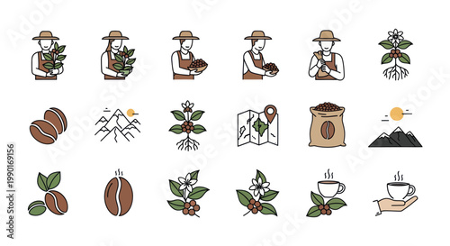 Coffee Farming Icons: Harvest, Plants, Beans, Mountains, Map, Bag, Cup