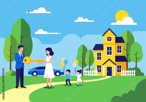 Real Estate Agent Handing Over House Keys to a Young Mother and Children in Front of Their New Home - Flat Vector Illustration