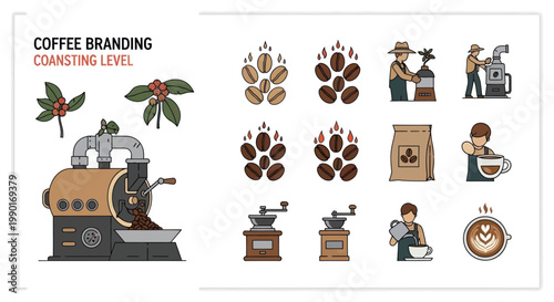 Coffee Branding and Roasting Process Icons: Beans, Roaster, Grinders, Barista, Latte Art