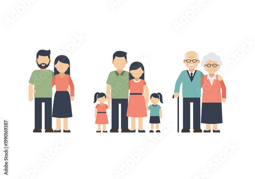 Flat Vector Illustration Set of People in Different Life Stages: Young Couple, Family with Children, and Senior Elderly Couple Isolated on White Background