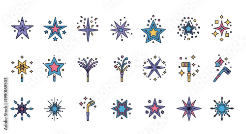 Colorful Starbursts and Sparklers: Festive Celebration Icons Set