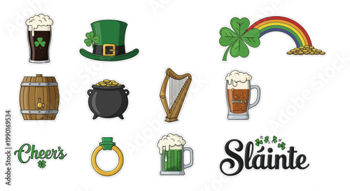 St. Patrick's Day Icons Set: Beer, Hat, Pot of Gold, Harp, Rainbow, Clover