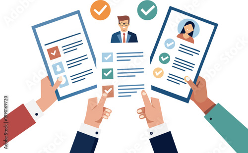 A group of people reviewing resumes with checkmarks and verification