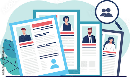 A graphic illustration of resumes and job searching with a magnifying glass