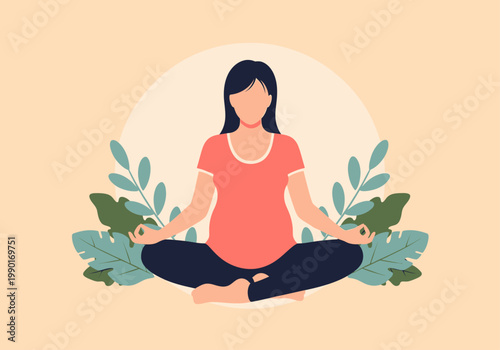 Pregnant Woman Practicing Yoga and Meditation for Prenatal Wellness and Mindfulness Flat Vector Illustration