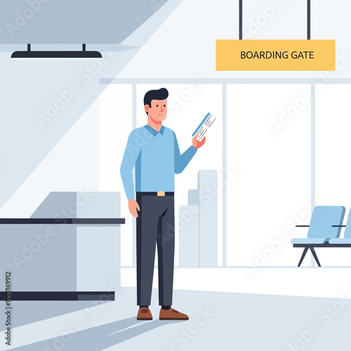 Man holding boarding pass at airport gate.