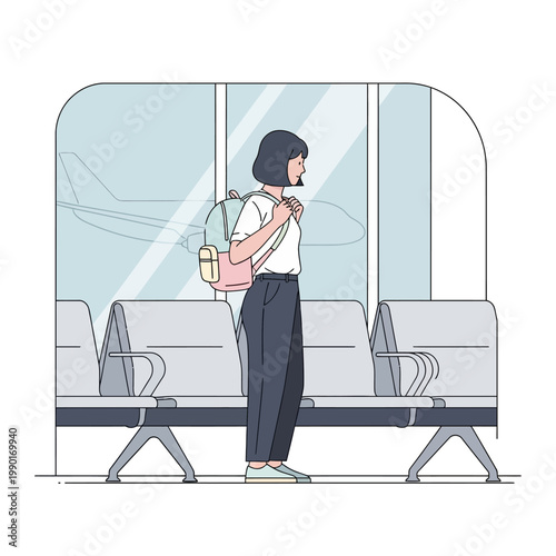 Woman with Backpack Waiting in Airport Terminal.