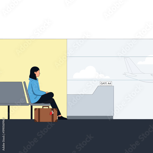 Woman Waiting for Transportation with Luggage.