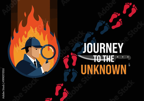 Crime Investigation Detective Illustration with Magnifying Glass, Fire, and Footprints - Journey to the Unknown Concept