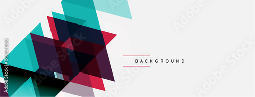 Abstract geometric shapes overlap, creating dynamic composition. Teal, maroon, pink hues dominate white space. Text reads BACKGROUND.