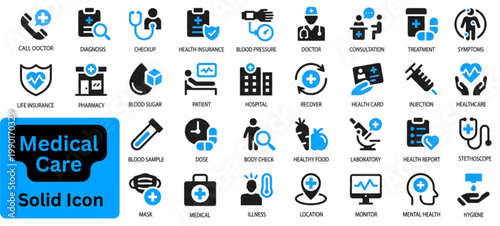 Medical Care solid icon set. Health Care solid vector glyph icon set featuring hospital building, stethoscope, vaccine syringe, medical insurance, ambulance, doctor icon, and patient recovery icons.