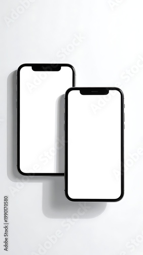 Two smartphones with white screens and black outlines