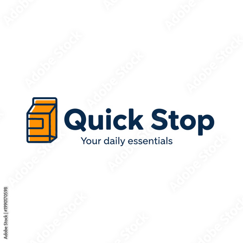 Quick Stop Daily Essentials Logo with Orange Carton Box Icon on Isolated White Background