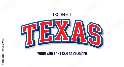 Texas text effect, editable 3d collegiate varsity style font, red white and blue colors, arched typography, sports team logo design template
