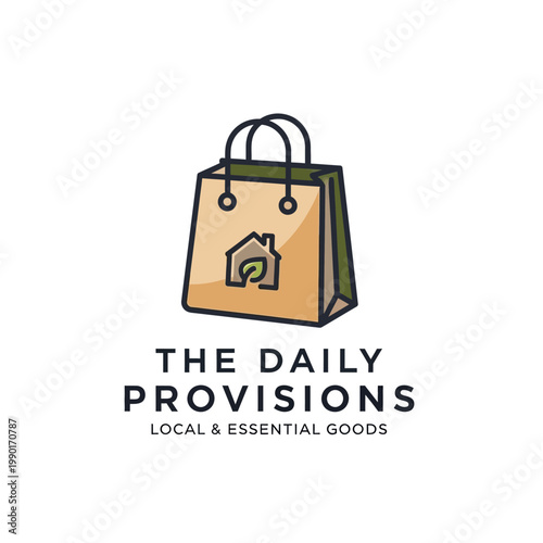 Brown Shopping Bag with House Symbol for The Daily Provisions Logo on Isolated White Background