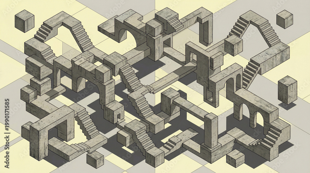 Fototapeta premium Abstract Isometric Impossible Concrete Structure Illustration