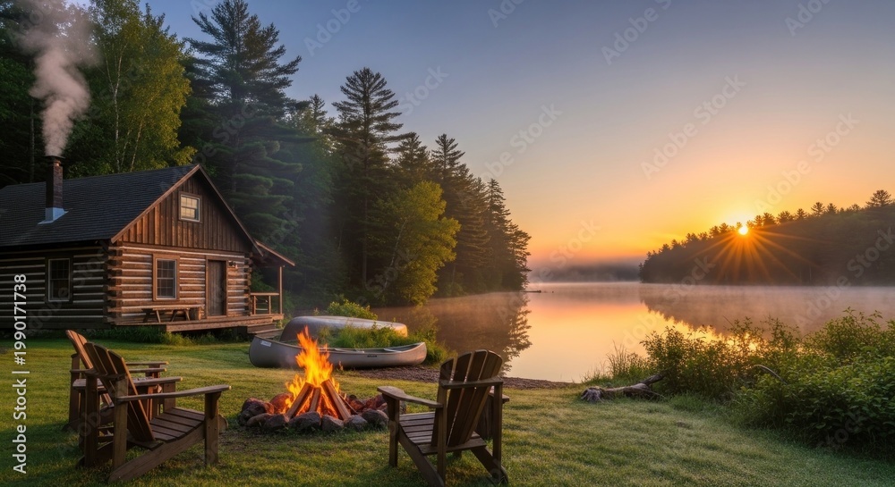 Obraz premium A serene lakeside scene with a cozy cabin, warm fire pit, and two chairs at sunset