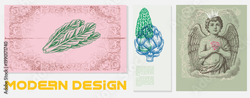 Eclectic vintage engravings merged with modern typography, botanical, angelic, and ornamental design aesthetics