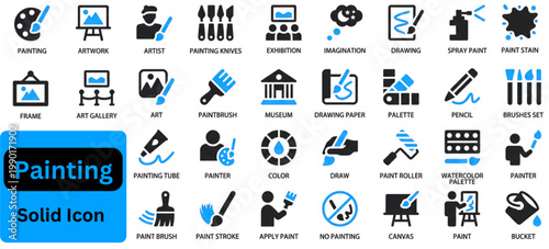 Painting solid icon set. Painting icon set. Painting and drawing line icon set. Artist, paints and brush, art tools, palette, pencil and picture. Outline vector icon in linear style. 