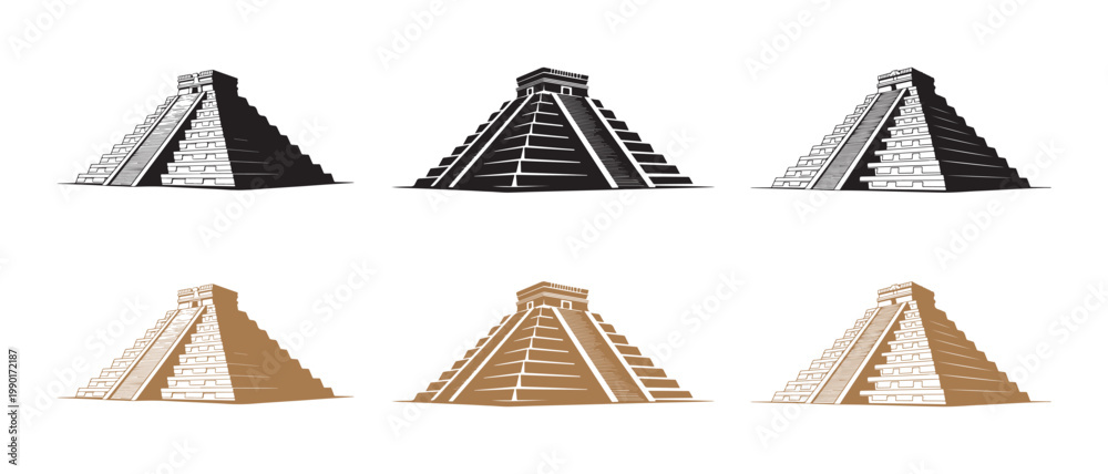 Fototapeta premium Mayan Pyramid Icons Set. or Logos Isolated on White Background in Minimalist Flat Graphic Style.