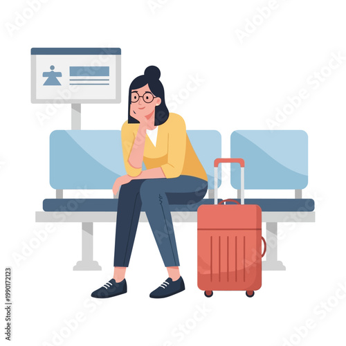 Woman waiting at airport with luggage.