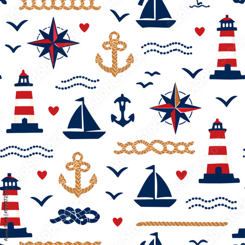 Seamless nautical pattern with sailboats, lighthouses, anchors, rope knots, and compass stars in a clean coastal illustration style