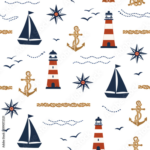 Seamless nautical pattern with sailboats, lighthouses, anchors, rope knots, and compass stars in a clean coastal illustration style