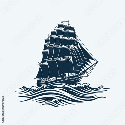 Classic Tall Ship Sailing Ocean Waves.
