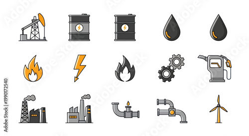 Energy Industry Icons: Oil, Gas, Power Generation, and Renewable Sources