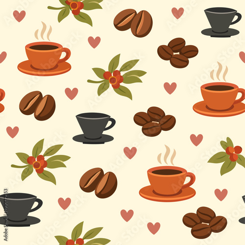 Seamless coffee pattern with steaming cups, coffee beans, coffee plant branches, and hearts in a warm flat vector style