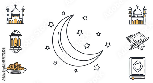 Ramadan Islamic Icons: Crescent Moon, Mosque, Lantern, Quran, Dates, Stars