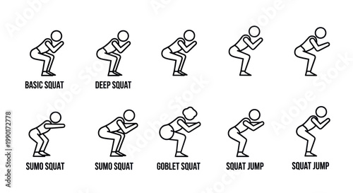 Fitness Workout Icons: Squat Exercise Variations - Basic, Deep, Sumo, Goblet, Jump