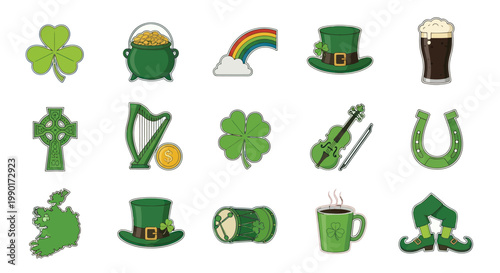 Saint Patrick's Day Icons: Shamrock, Pot of Gold, Rainbow, Harp, Violin, Beer