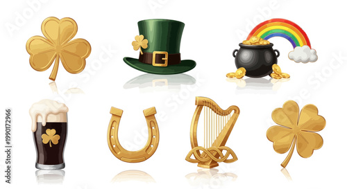 Saint Patrick's Day Symbols: Shamrock, Pot of Gold, Harp, Beer, Horseshoe, Leprechaun Hat