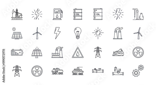 Energy Icons Set: Renewable and Fossil Fuels, Electricity, Industry