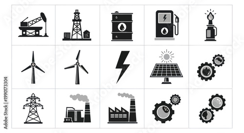 Energy Industry Icons: Oil, Gas, Wind, Solar, Power Generation, Renewable & Fossil Fuels