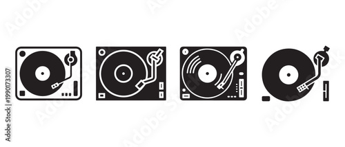 Set of Vinyl Record Player Turntable Icons. in Flat Black and White Vector Style.
