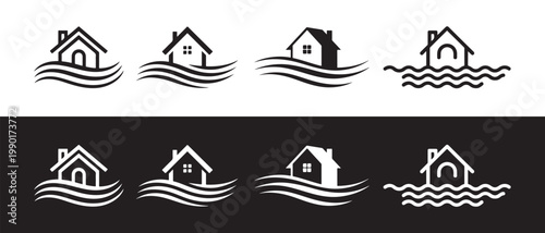 Black House Icons on Wavy Lines. Set Symbolizing Flood, Water, or Property Risk.