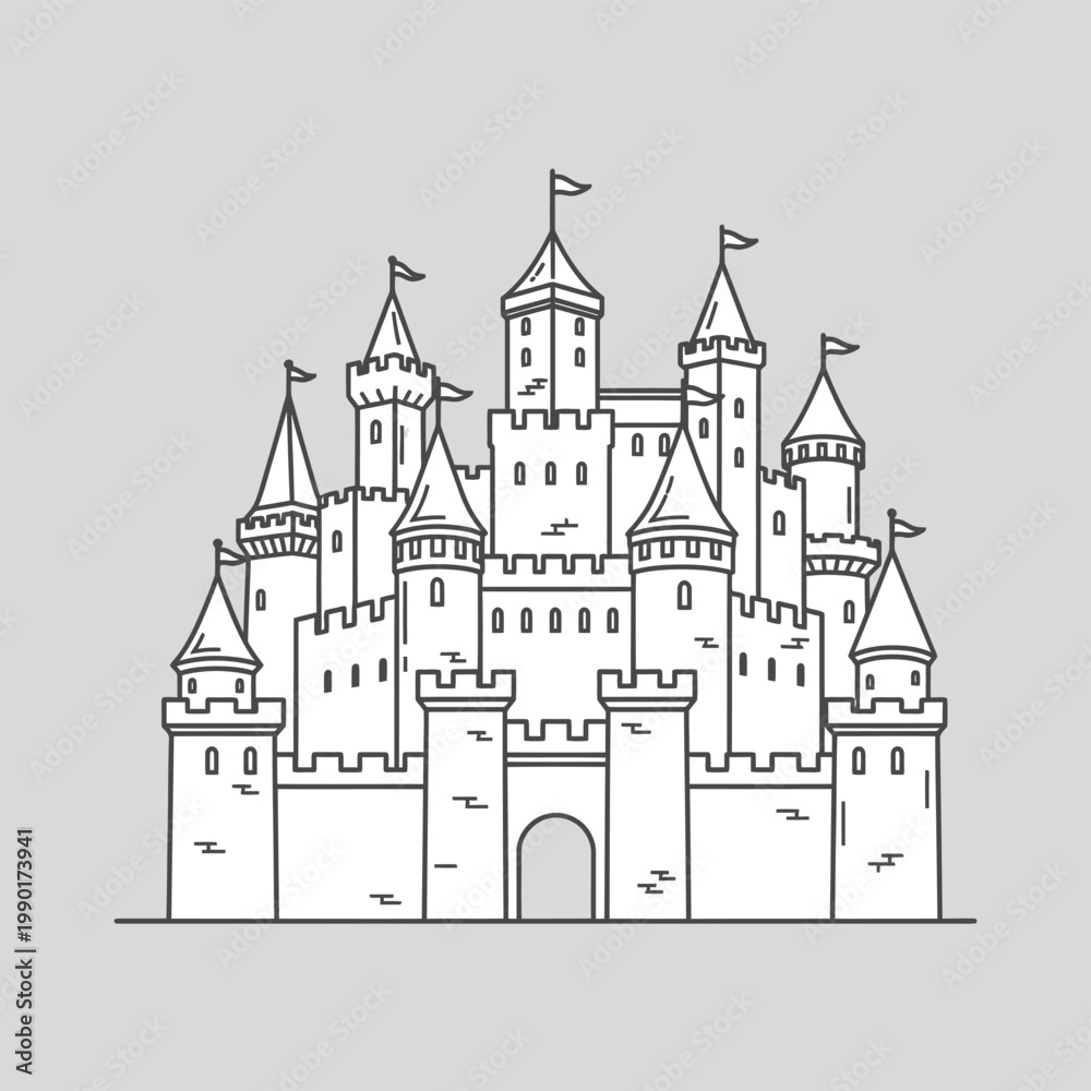 Obraz premium Medieval Stone Castle Tower Line Drawing.