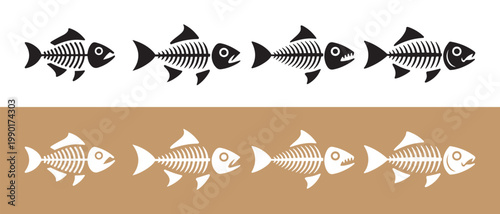 Pair of stylized fish skeletons in profile, isolated on white and brown backgrounds, graphic illustration.